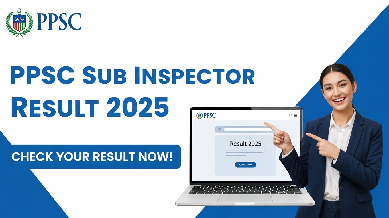 “Design a professional YouTube thumbnail for PPSC Sub Inspector Result 2025. Use official colors (blue and white). Add text: ‘Check Your Result Now!’ Include PPSC logo style elements, a laptop with the PPSC website page, and a confident person pointing at the screen. Keep the style neat, minimal, and trustworthy.”