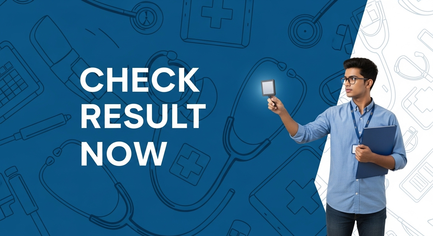 "Blue and white medical-themed background, stethoscope graphics, bold white text CHECK RESULT NOW, student pointing to screen, sharp edges, high clarity"